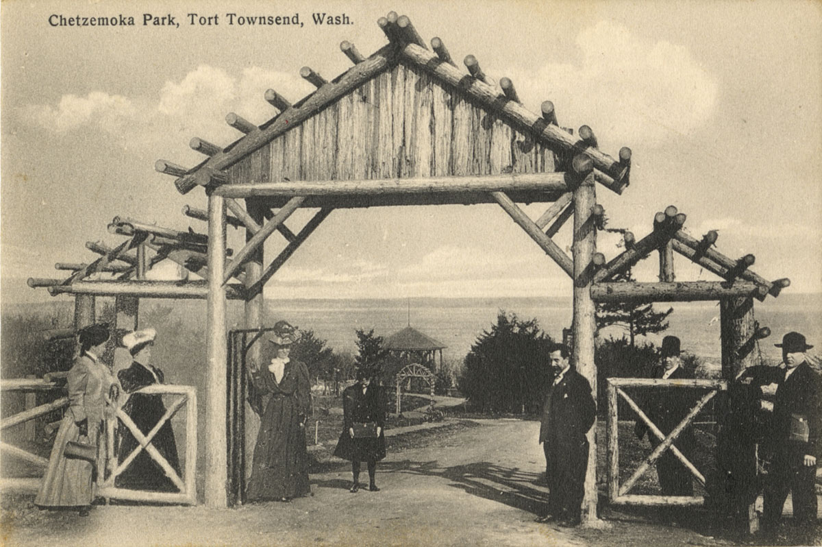 historical image of a timber-framed entrance to a seaside park